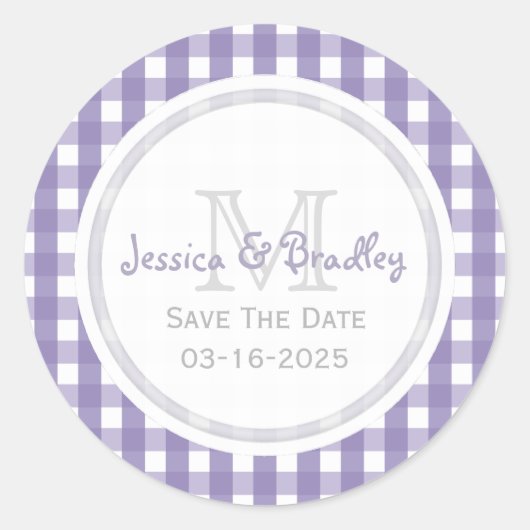 Monogram Save The DateスタンプGingham PW ラウンドシール (正面)