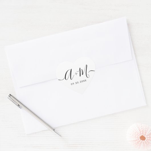 Monogram Script Custom Wedding date Heart ハートシール (封筒)