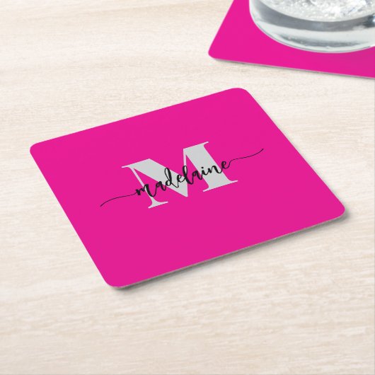 Monogram Silver Black Pink Personal スクエアペーパーコースター (アングル)