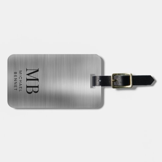 Monogram Silver Gray Brushed Faux Metallic Print ラゲッジタグ (正面横)