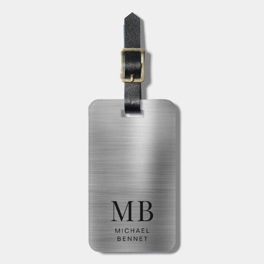 Monogram Silver Gray Brushed Faux Metallic Print ラゲッジタグ (正面縦)
