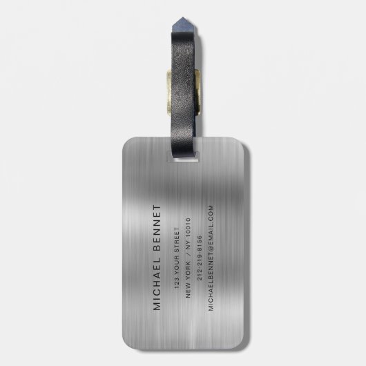 Monogram Silver Gray Brushed Faux Metallic Print ラゲッジタグ (裏面縦)