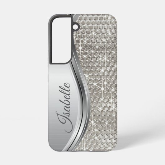 Monogram Silver Metal Glitter look Bling Samsung Galaxyケース (裏面)