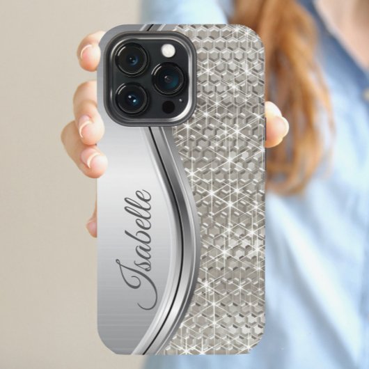 Monogram Silver Metal Glitter look Bling Samsung Galaxyケース