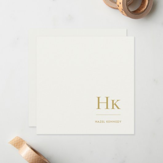Monogram Simple Monogrammed Ivory Gold Notecard ノートカード (正面/裏面インサイチュ)
