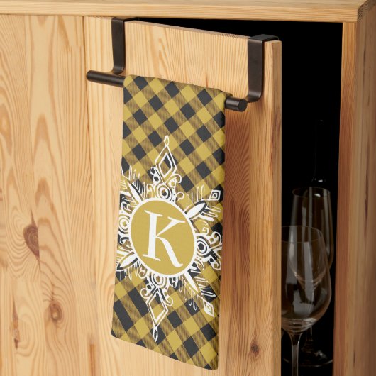 Monogram snowflake on plaid kitchen towel キッチンタオル (三つ折り)