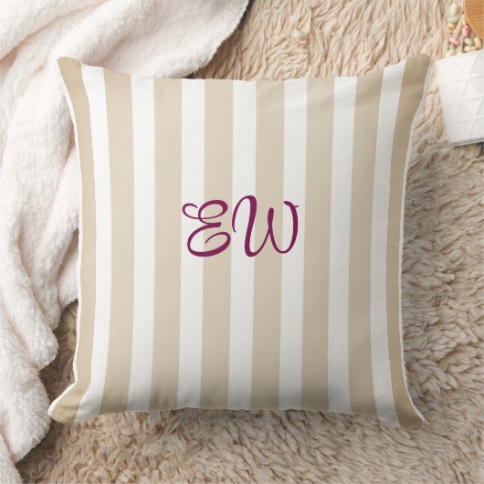 Monogram Stripe Custom Throw Pillow | Tan Sangria クッション (ブランケット)