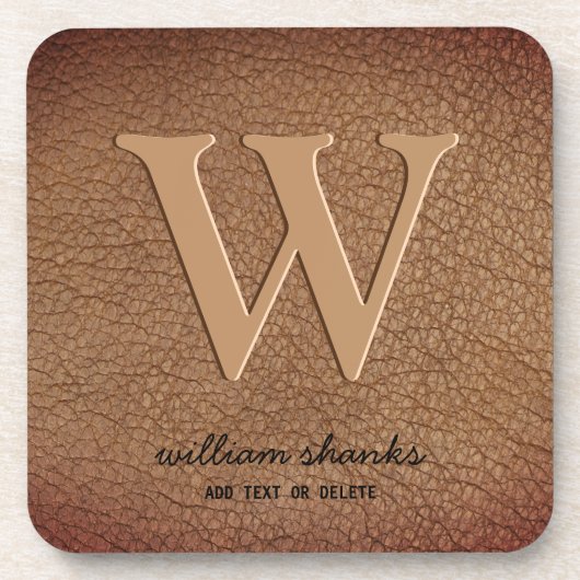 Monogram stylish rustic leather black gold script コースター (正面)