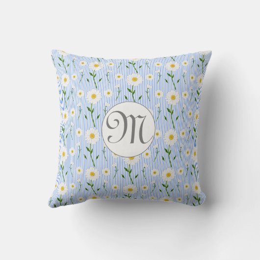 Monogram Summer Daisy Floral Pattern Blue Stripe クッション (裏面)