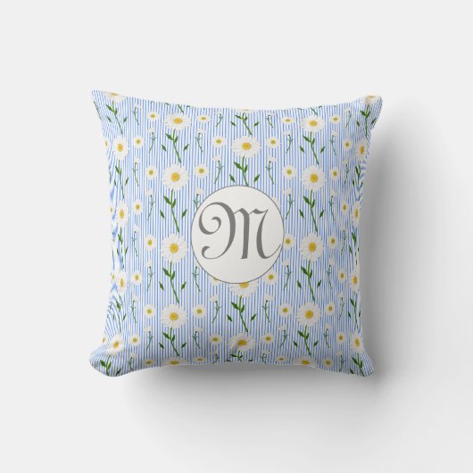 Monogram Summer Daisy Floral Pattern Blue Stripe クッション (正面)
