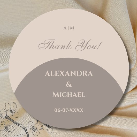 Monogram Taupe Japandi 結婚's Thank You ラウンドシール