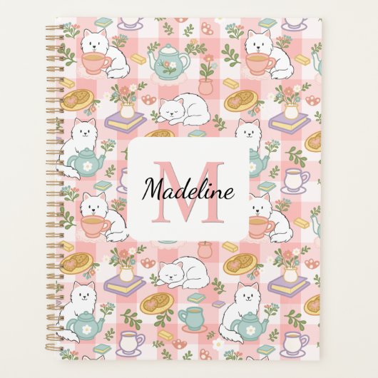 Monogram Tea & Bookish Cats Spiral Planner Pink プランナー手帳 (正面)