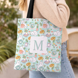 Monogram Tea & Bookish Cats  Tote Bag Mint Green トートバッグ
