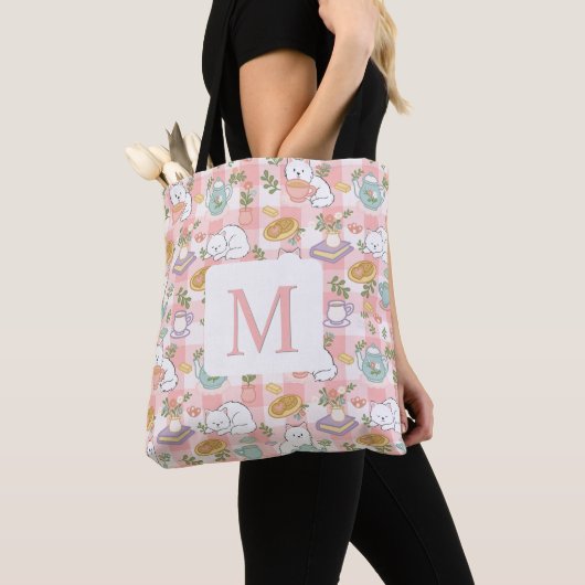 Monogram Tea & Bookish Cats Tote Bag Pink トートバッグ (クローズアップ)