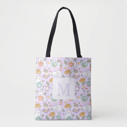 Monogram Tea & Bookish Cats Tote Bag Purple トートバッグ (正面)