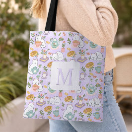 Monogram Tea & Bookish Cats Tote Bag Purple トートバッグ