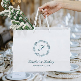 Monogram Teal Blue Foliage Wreath Wedding ラージペーパーバッグ
