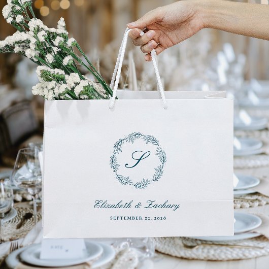Monogram Teal Blue Foliage Wreath Wedding ラージペーパーバッグ