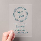 Monogram Teal Blue Wreath Wedding Save the Date アクリル招待状 (インサイチュ (ポータブル))