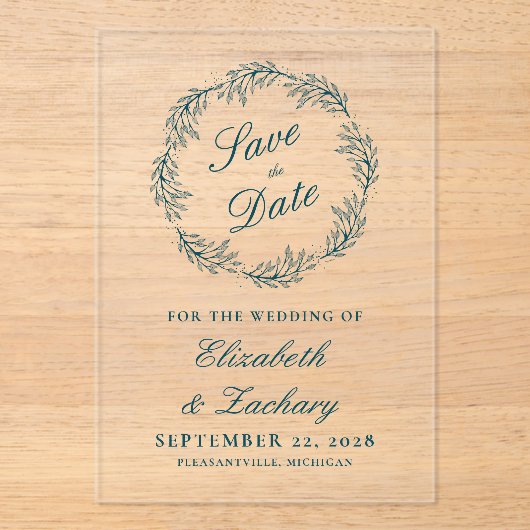 Monogram Teal Blue Wreath Wedding Save the Date アクリル招待状 (正面)