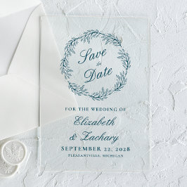 Monogram Teal Blue Wreath Wedding Save the Date アクリル招待状