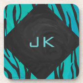 Monogram Tiger Black and Teal Print Pattern コースター (正面)