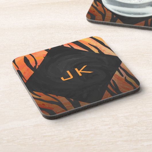 Monogram Tiger Hot Orange and Black Print Pattern コースター (左側)