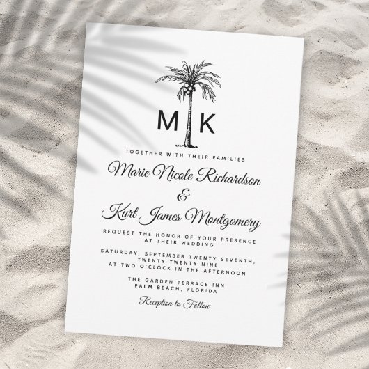 Monogram Tropical Palm Tree Formal Beach Wedding 招待状