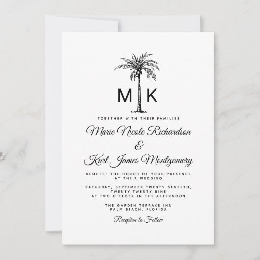 Monogram Tropical Palm Tree Formal Beach Wedding 招待状 (正面)