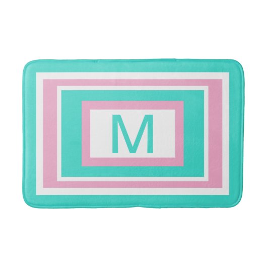 Monogram Turquoise White Pink Geometric バスマット (正面)
