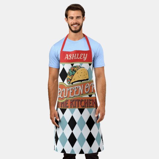 Monogram unique decorative Funny Taco checkered エプロン (着用した状態)