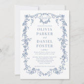 Monogram Victorian Dusty Blue All in One Wedding 招待状 (正面)
