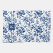 Monogram Vintage Blue White Floral Roses キッチンタオル (横)
