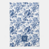 Monogram Vintage Blue White Floral Roses キッチンタオル (縦)