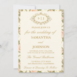 Monogram Vintage Ivory Photo Wedding Invitation 招待状