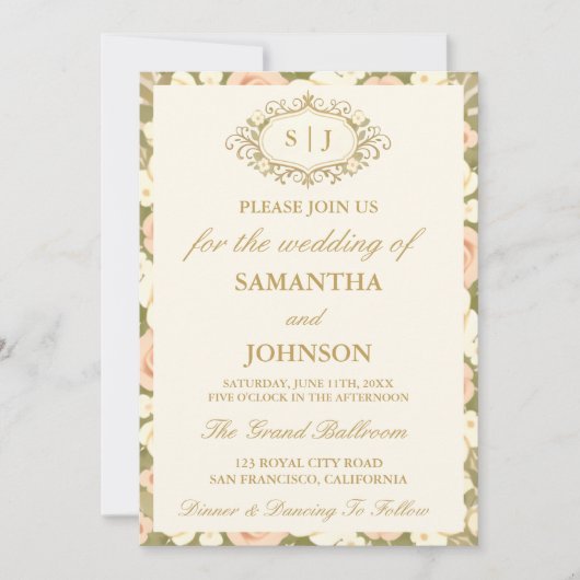 Monogram Vintage Ivory Photo Wedding Invitation 招待状 (正面)
