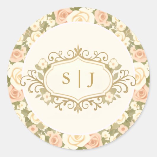 Monogram Vintage Ivory Wedding ラウンドシール (正面)
