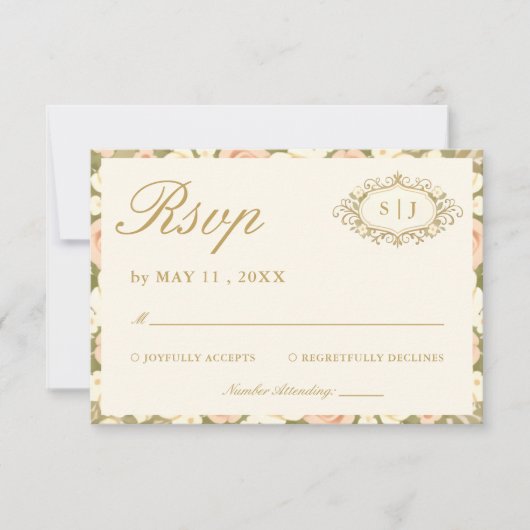 Monogram Vintage Ivory Wedding RSVP Card (正面)