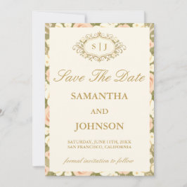 Monogram Vintage Ivory Wedding Save the Date Card セーブザデート