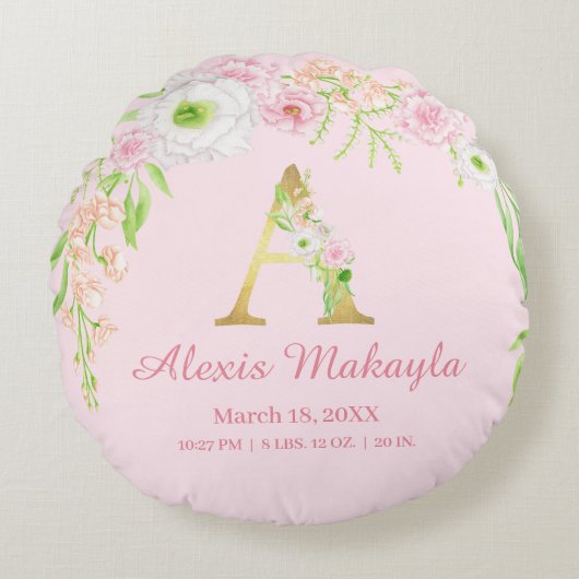 Monogram Watercolor Baby Stats ラウンドクッション (正面)