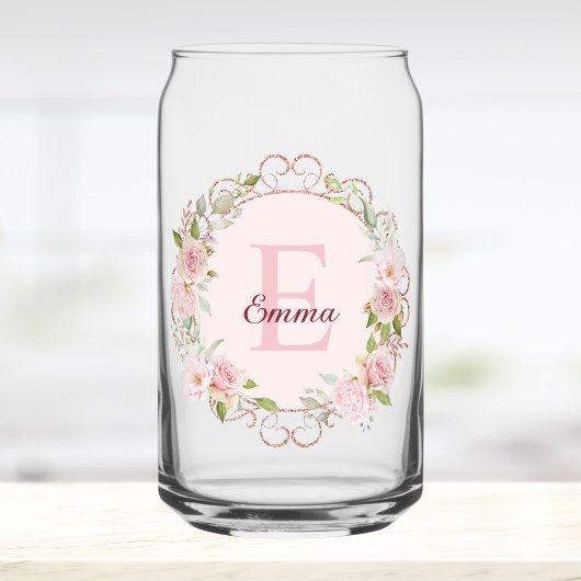 Monogram Watercolor Blush Pink Rose Flowers Floral ガラス缶