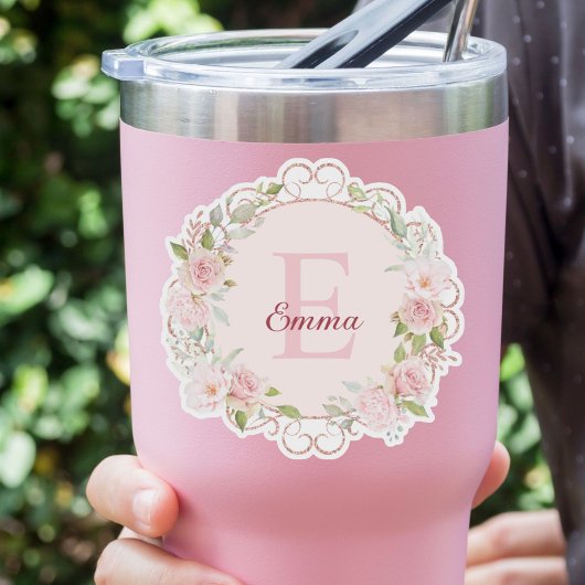 Monogram Watercolor Blush Pink Rose Flowers Floral シール