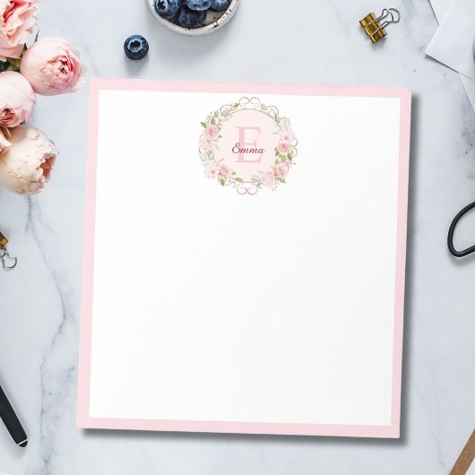 Monogram Watercolor Blush Pink Rose Flowers Floral ノートパッド