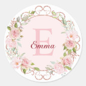 Monogram Watercolor Blush Pink Rose Flowers Floral ラウンドシール (正面)