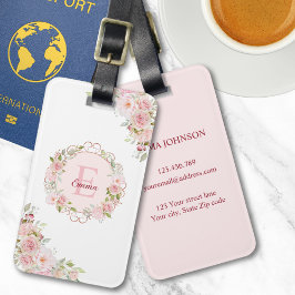 Monogram Watercolor Blush Pink Rose Flowers Floral ラゲッジタグ