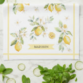 Monogram Watercolor Citrus Lemon Floral Botanical キッチンタオル (折り畳み)
