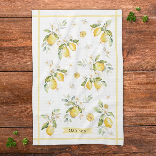 Monogram Watercolor Citrus Lemon Floral Botanical キッチンタオル