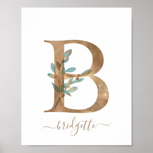 Monogram Watercolor Floral Gold Letter B Poster ポスター (正面)