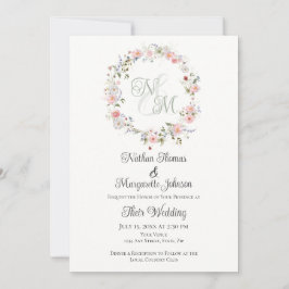 Monogram Watercolor Floral Wreath Wedding 招待状