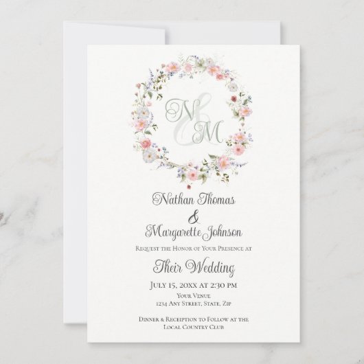 Monogram Watercolor Floral Wreath Wedding 招待状 (正面)